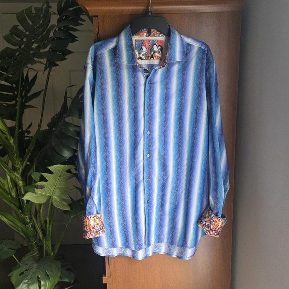 Robert Graham Endless Lagoon Samurai Spirit Blue Striped LS Shirt Mens 2XL - Picture 1 of 5